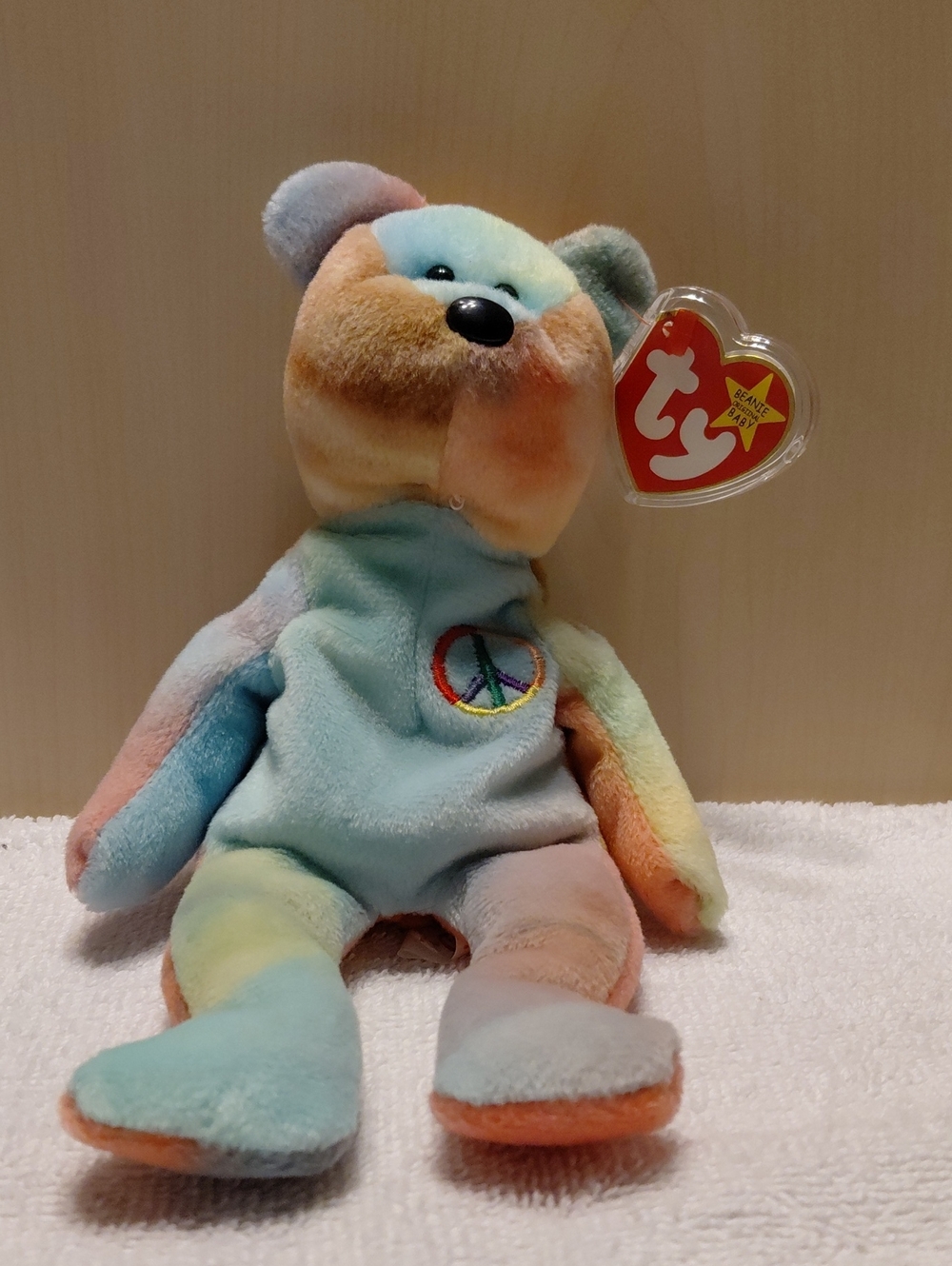 Ty Rainbow Tie-Dye Peace Bear Plush - Pastel Blue, Peach, Yellow, Green